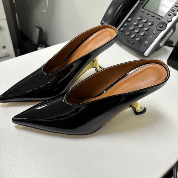 High Heels Mule Women Wedge Pointed Toe Party Dress Ladies Shoes -Black patented - Picture 3 of 4